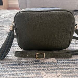 Made in Italy Olive Green Pebbled Leather Crossbody Bag with Tassel